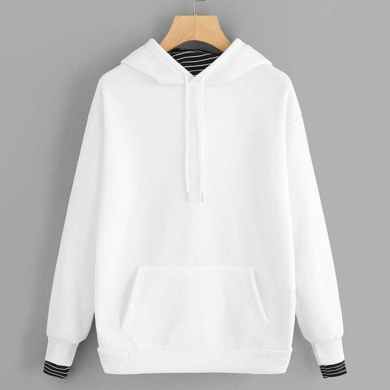 

Contrast Trim Drawstring Hoodie, White