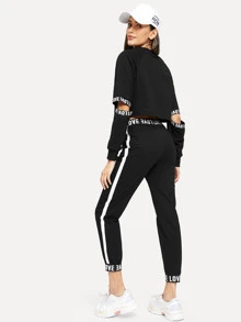 Letter Print Taped Top With Trousers - Black - View 2