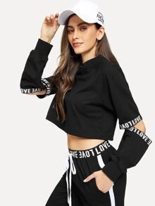Letter Print Taped Top With Trousers - Black - View 3