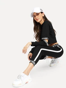 Letter Print Taped Top With Trousers - Black - View 4