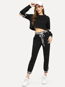 Letter Print Taped Top With Trousers - Black - View 1