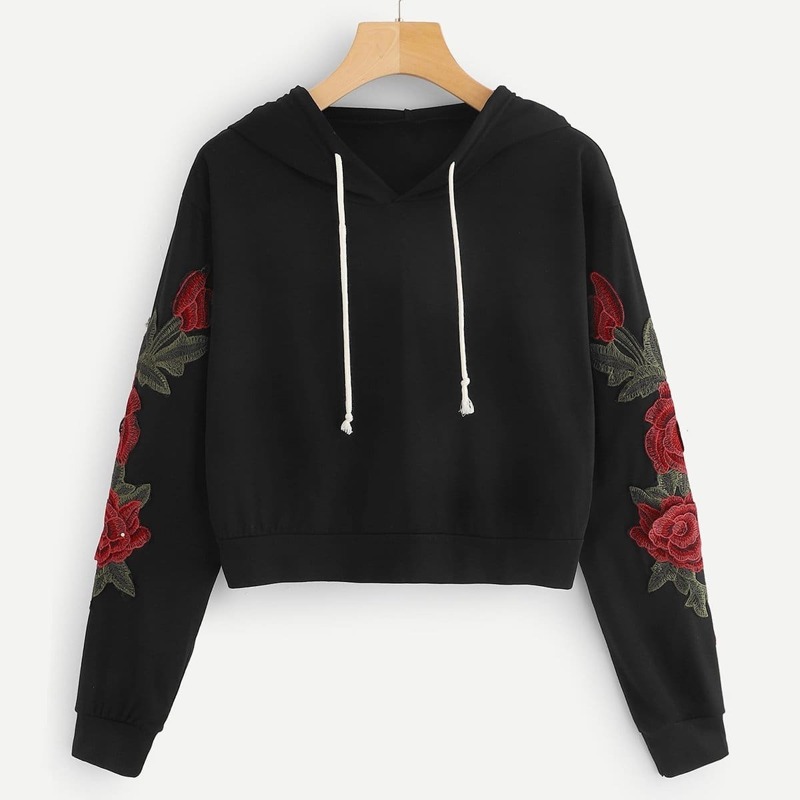

Floral Embroidered Applique Hoodie, Black