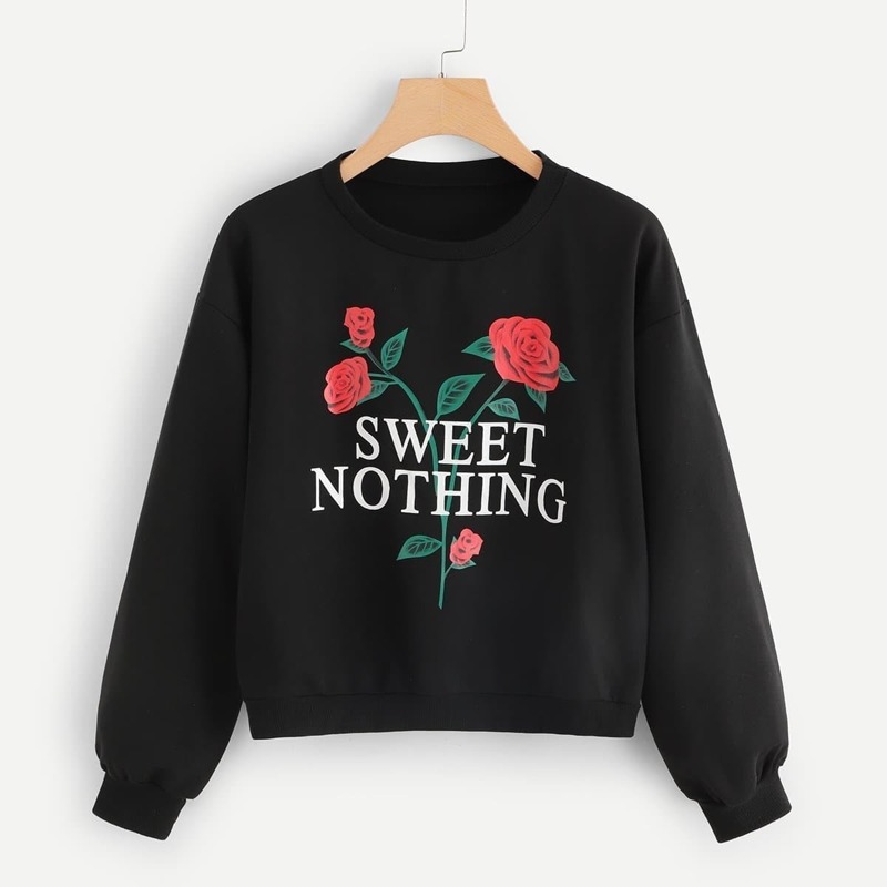 

Letter And Flower Print Sweatshirt, Black