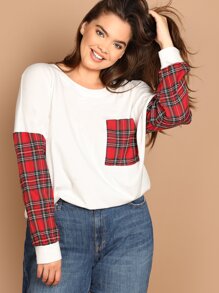 Plus Pocket Patched Plaid Panel Sweatshirt