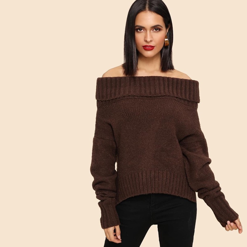 

Off the Shoulder Rib Knit Trim Pullover, Brown