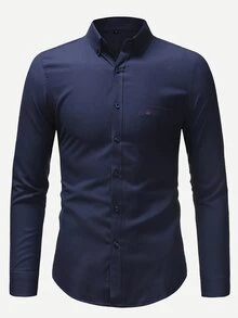 Manfinity Camisa de hombres ajustada sólida - Azul Marino - Ver 1