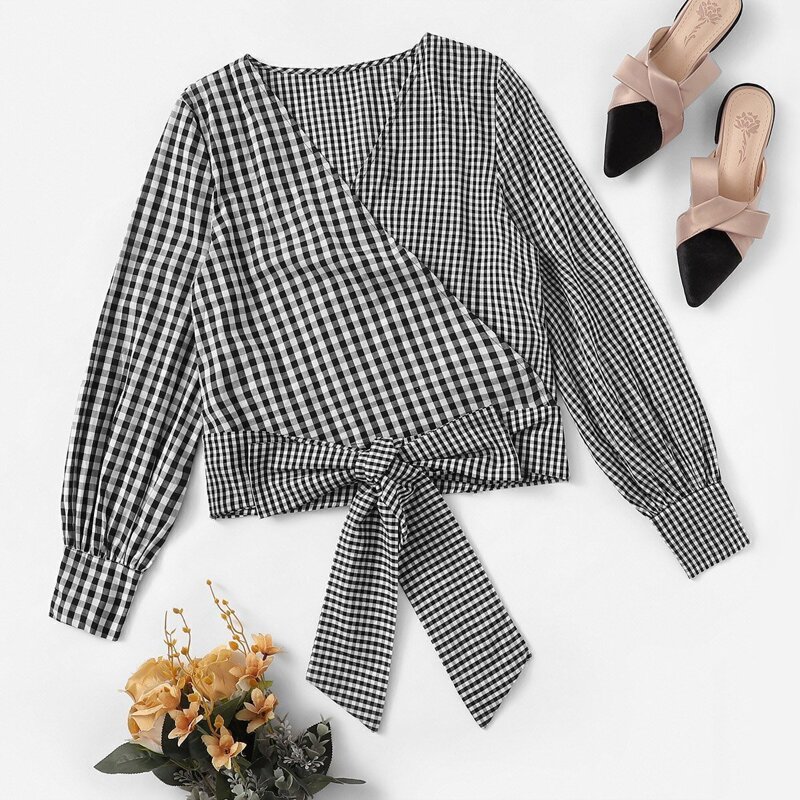 

Knot Front V-neck Blouse, Black and white