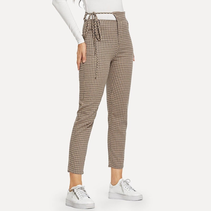 

Gingham Drawstring Waist Pants, Khaki