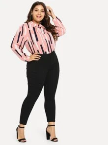 Plus Size Solid Color Slim Fit Ankle Length Pants For Women, Spring/Summer - Black - View 4