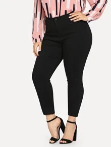Plus Size Solid Color Slim Fit Ankle Length Pants For Women, Spring/Summer - Black - View 1