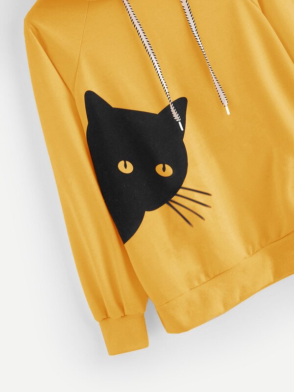 Cat Print Hooded Sweatshirt SHEIN USA