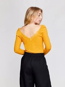 Top de manga larga de canalé con encaje delantero - Amarillo - Ver 2