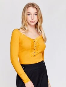 Top de manga larga de canalé con encaje delantero - Amarillo - Ver 1