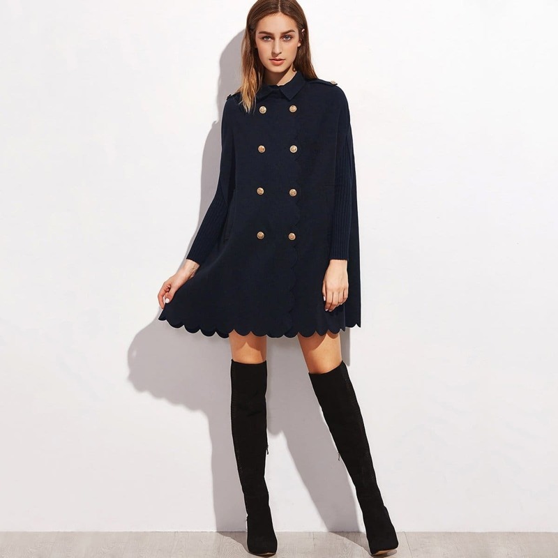 

Double Breasted Scallop Edge Cape Coat, Navy