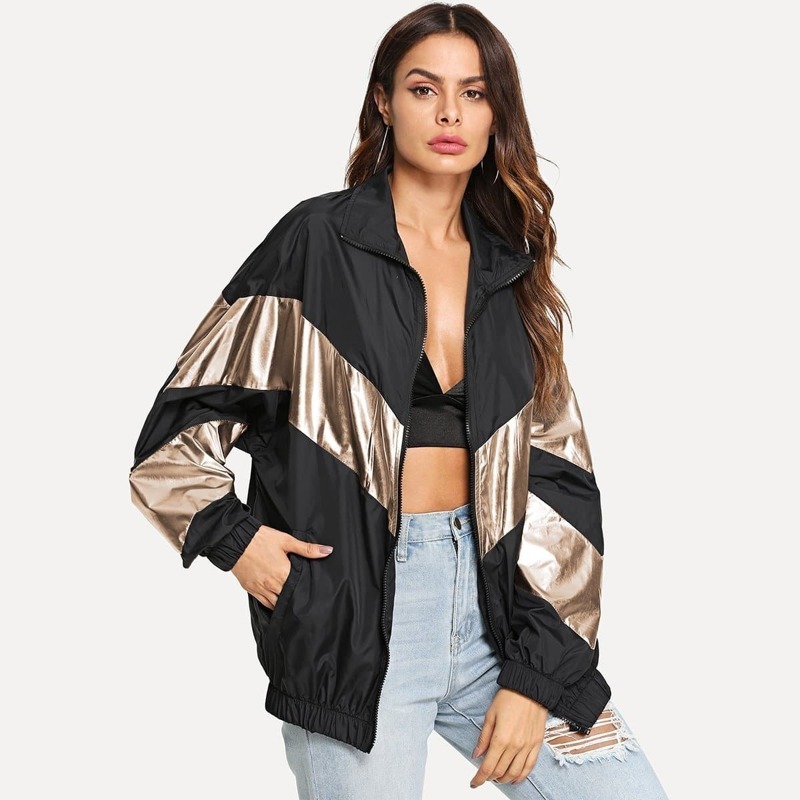 

Metallic Chevron Drop Shoulder Windbreaker Jacket, Multicolor