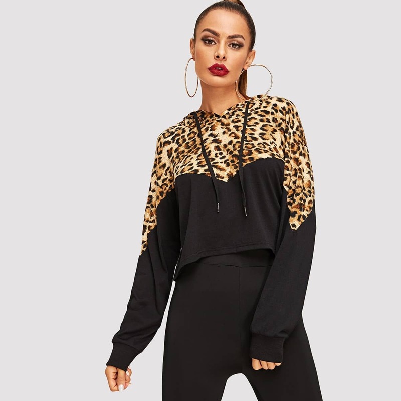 

Cut-And-Sew Leopard Print Hoodie, Multicolor