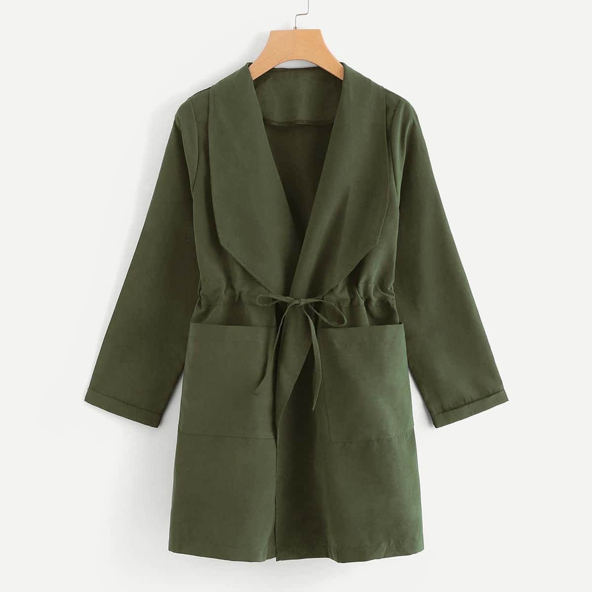 

Dual Pocket Drawstring Waist Utility Coat, Army green