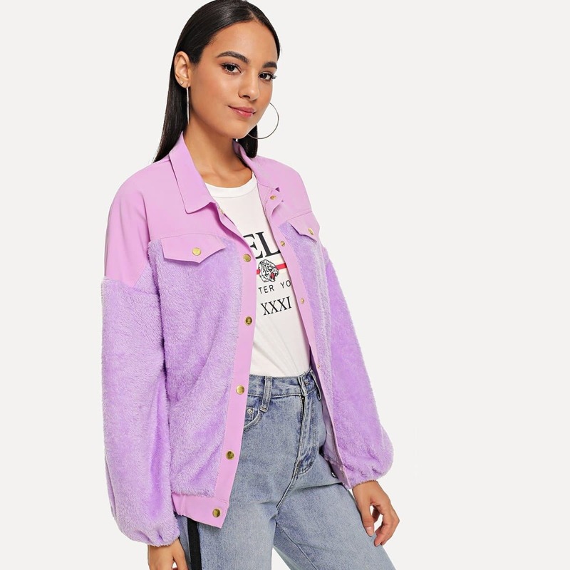 

Pocket Decoration Plush Jacket, Purple