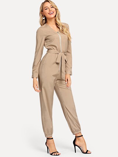 Zip Front Tie Waist Jumpsuit pictures