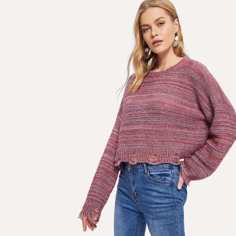 

Drop Shoulder Ripped Hem Jumper, Pink