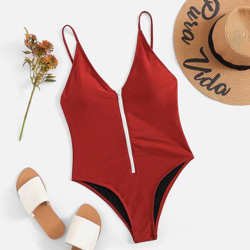 

Zipper Front Open Back One Piece Swimsuit, Red