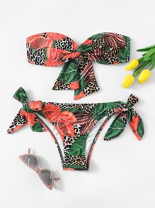 Random Leopard & Tropical Twist Bandeau Bikini Set