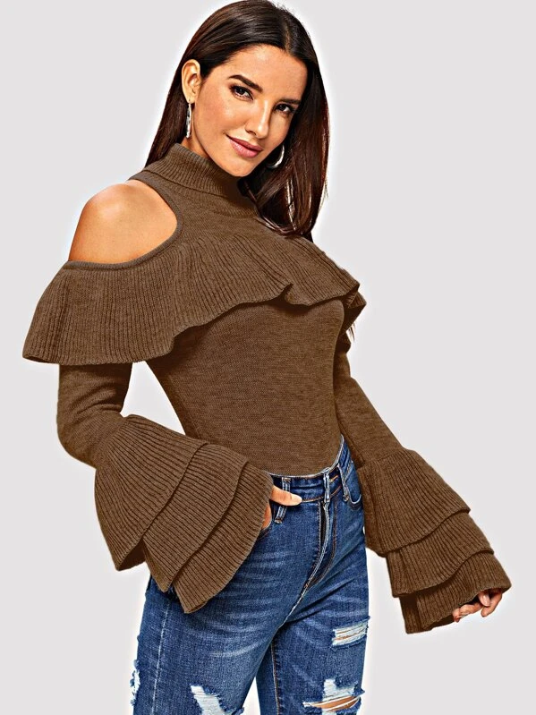 Small Tiered Ruffle Sleeve Slim Fitted Sweater | Shein Grey Small Tiered Ruffle Sleeve Slim Fitted Sweater | Shein Grey