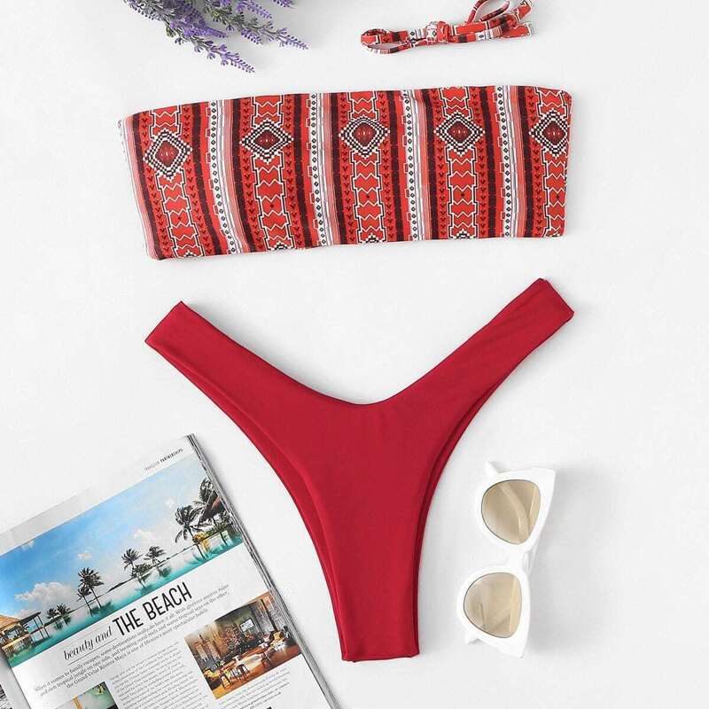 

Random Striped Bandeau With High Leg Bikini Set, Red