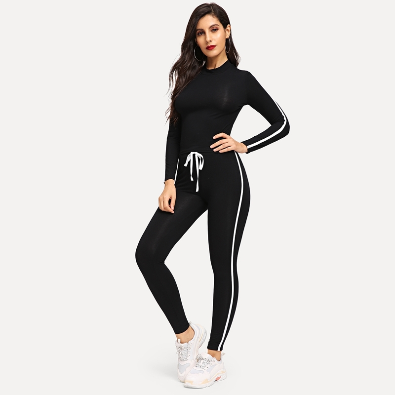 

Round Neck Striped Top & Drawstring Waist Pants Set, Black