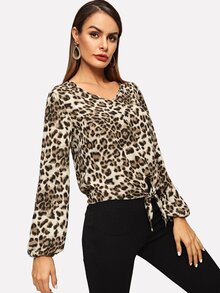 Knot Front Leopard Print V-Neck Top