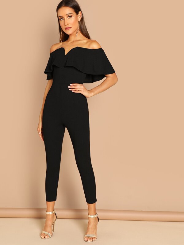 SHEIN BAE Flounce Foldover Front Off Shoulder Skinny Jumpsuit