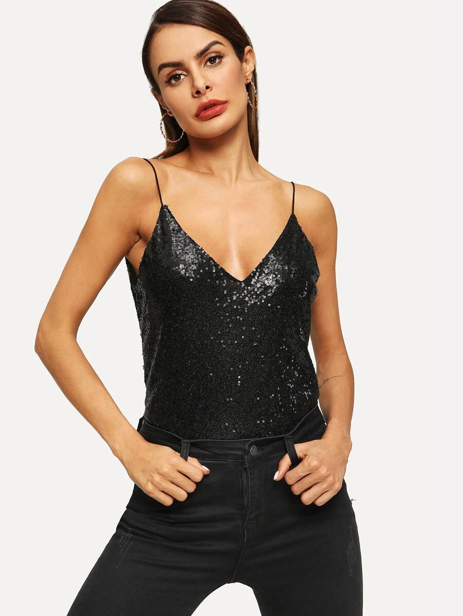 SHEIN BAE Sequin Detail Spaghetti Strap Cami Top
