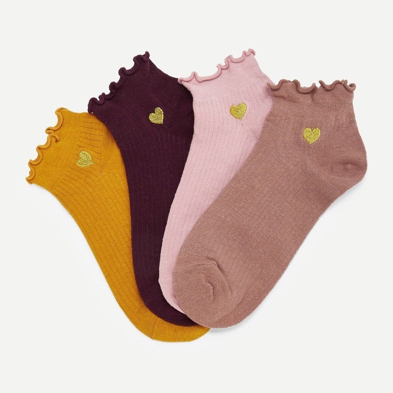 

Heart Embroidery Lettuce Trim Socks 4pairs, Multicolor