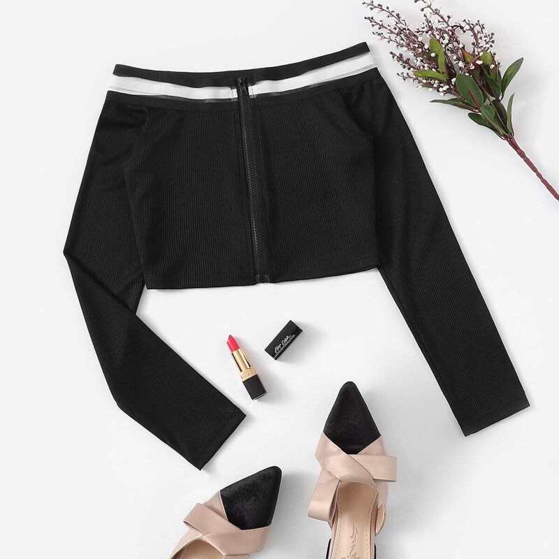 

Zip Up Off The Shoulder Tee, Black