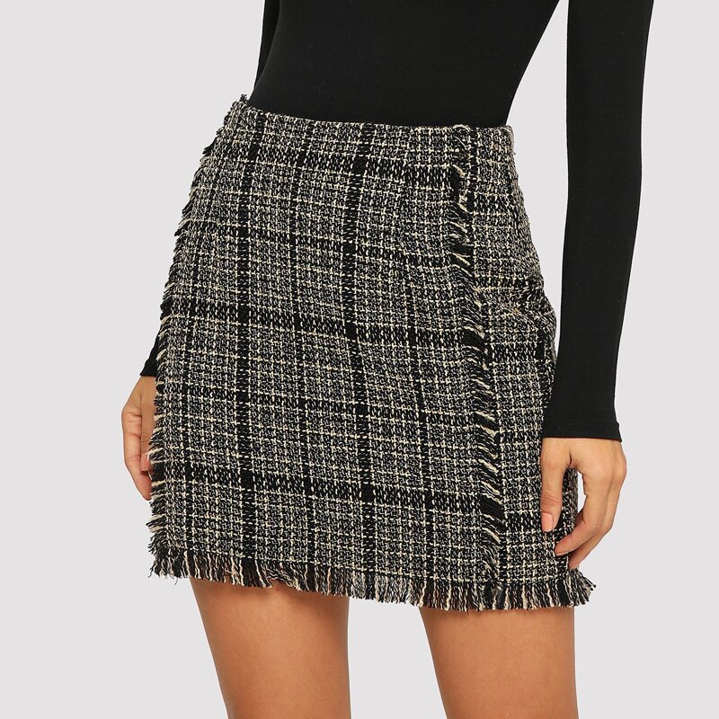 

Frayed Trim Plaid Tweed Skirt, Multicolor