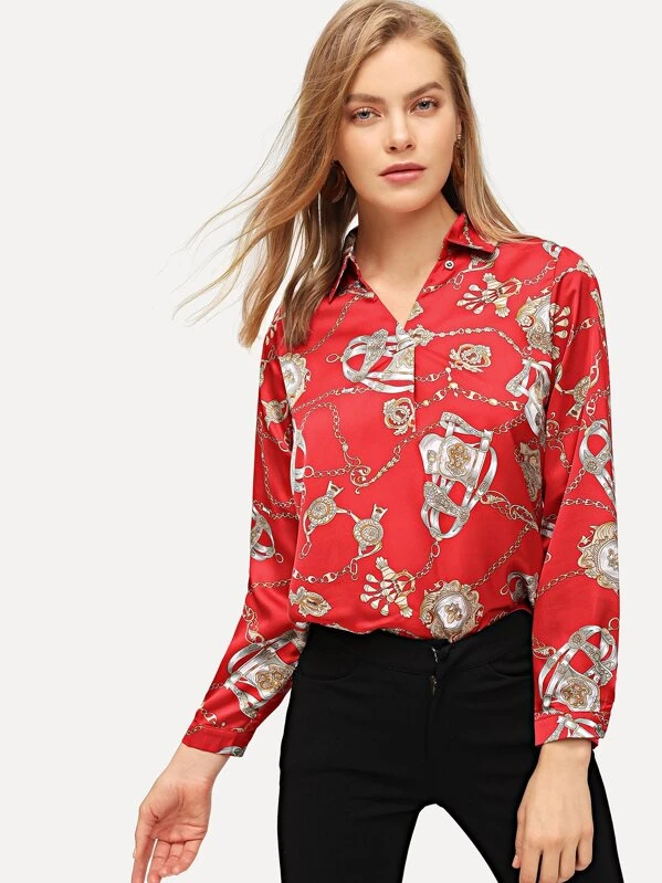 Blusa escote V con estampado de cadena | Mode de Mujer Blusa con estampado de cadena | Mode de Mujer | SHEIN España