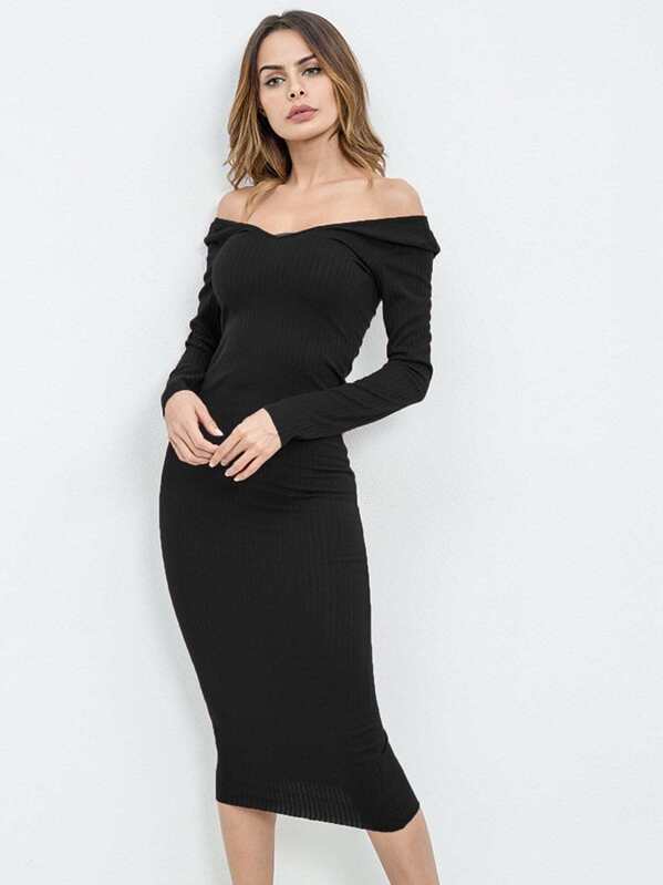 ribbed bardot midi dress