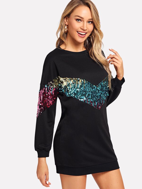 Contrast Sequin Sweatshirt Dress SHEIN USA