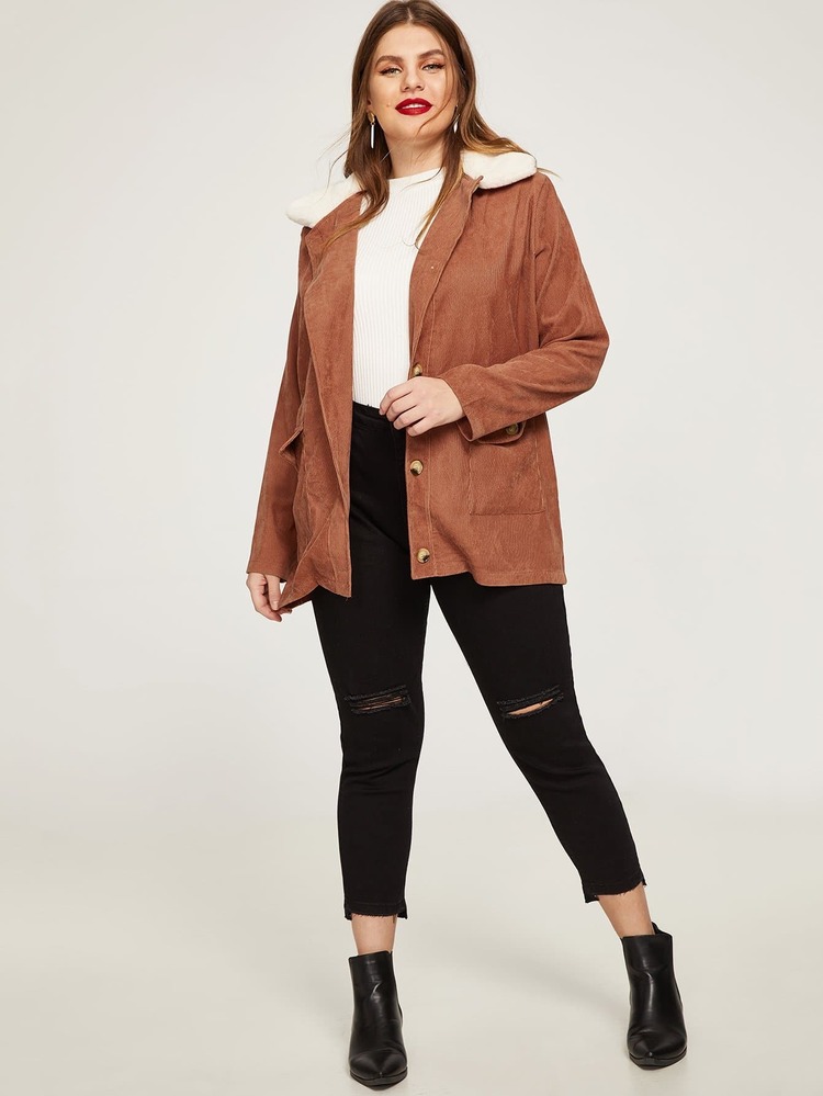 Plus Corduroy Coat With Borg Collar - Rust Brown - View 4