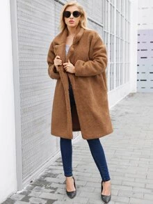 Button Detail Notched Teddy Coat - Camel - View 4
