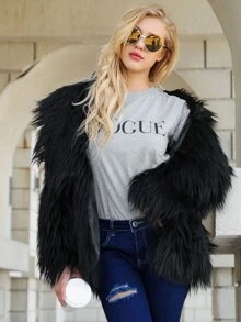 Abrigo sólida con pelo sintético - Negro - Ver 3