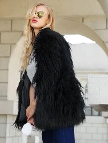 Abrigo sólida con pelo sintético - Negro - Ver 2