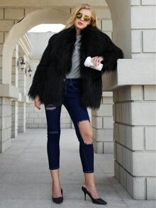 Abrigo sólida con pelo sintético - Negro - Ver 5