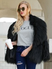 Abrigo sólida con pelo sintético - Negro - Ver 4