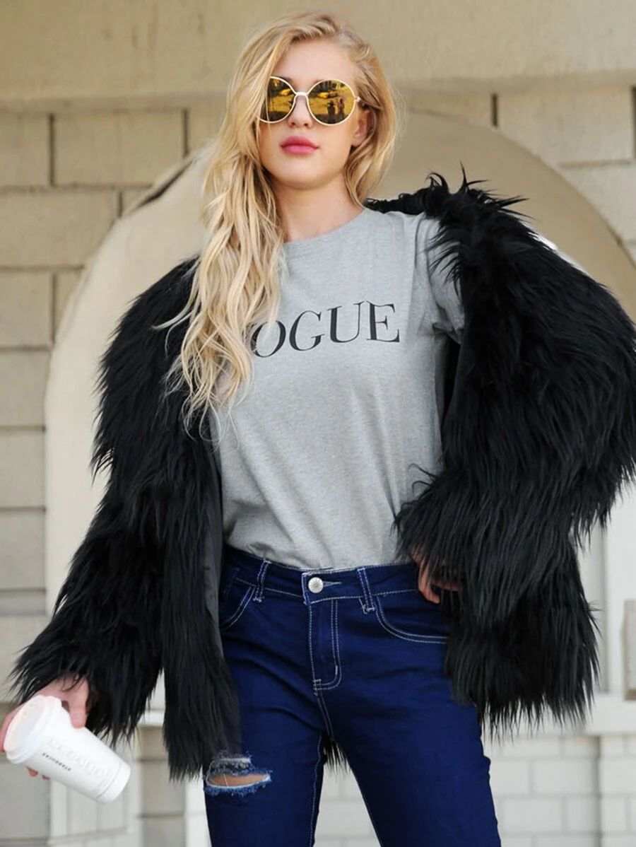 Abrigo sólida con pelo sintético - Negro - Ver 1