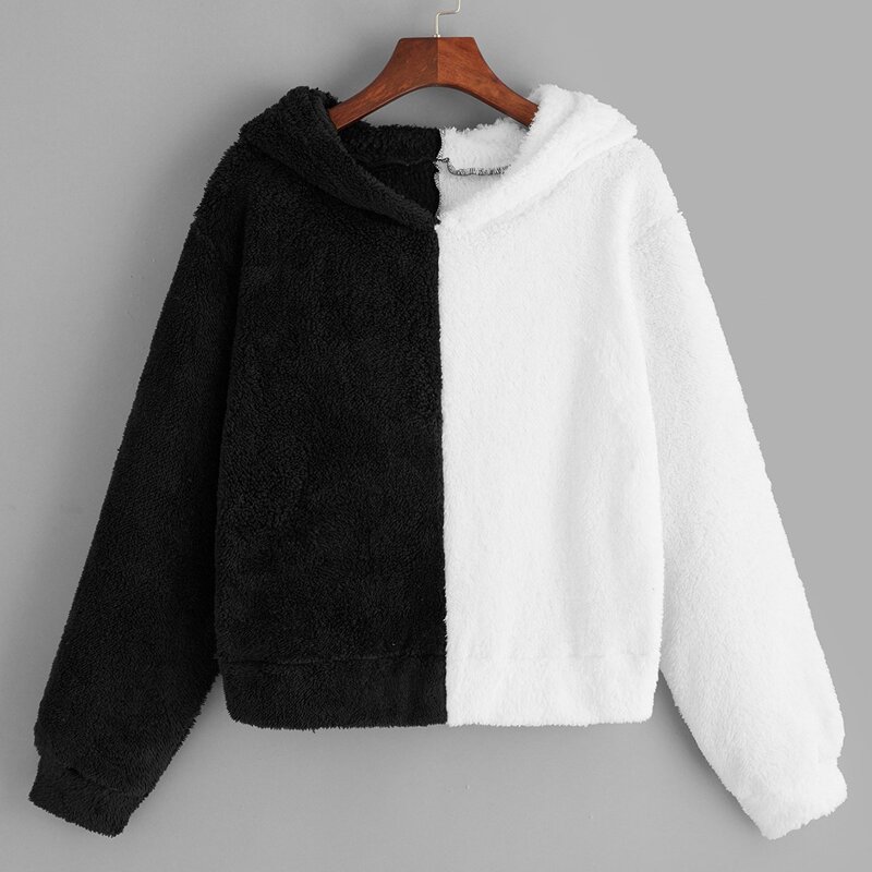 

Two Tone Teddy Hooded Sweatshirt, Black and white