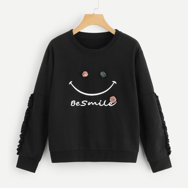 

Frill Letter Print Sweatshirt, Black