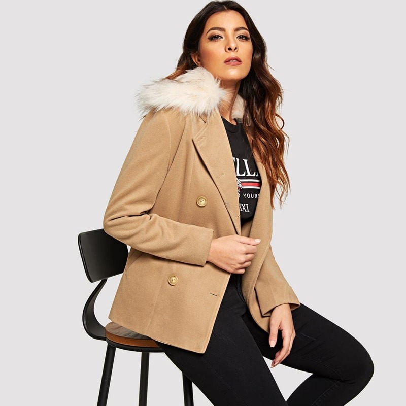 

Double Breasted Contrast Faux Fur Tweed Outerwear, Camel