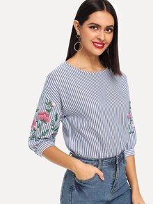 Flower Print Lantern Sleeve Striped Top