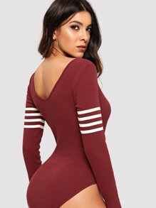 Ribbed Knit Striped V-Neck Bodysuit
